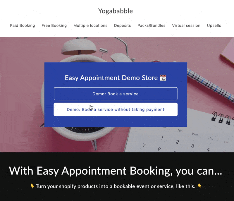 Popup Calendar Button in action — a Book now button opens the booking calendar in a full-screen overlay