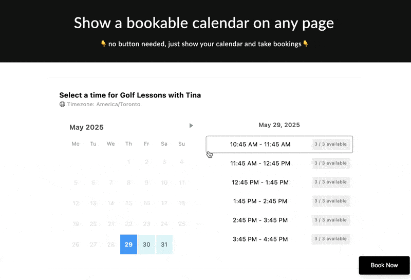 Inline Calendar embedded directly on a page showing available dates and time slots