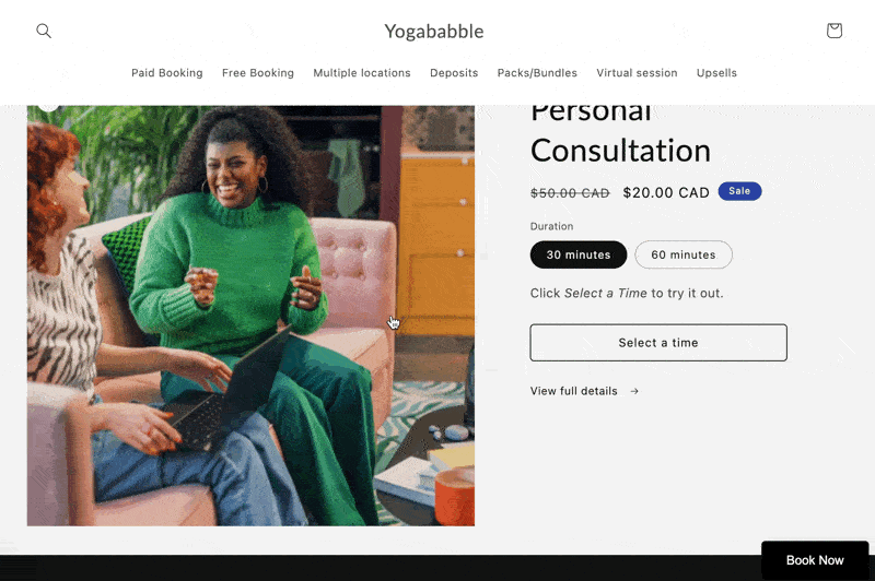 Featured Service Card showing a product with a Select a Time button styled to match the theme
